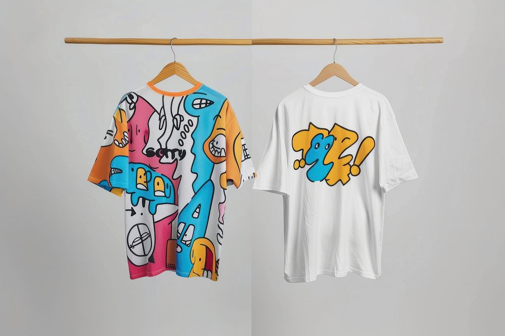 Colorful graphic t-shirts on hangers