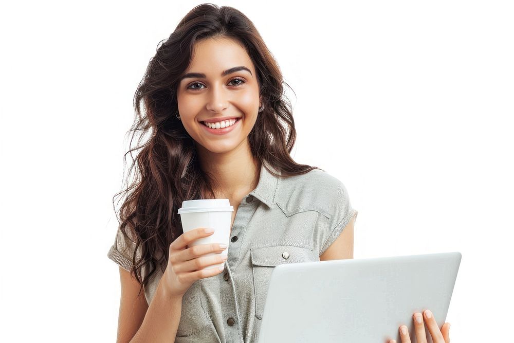 Smiling woman with laptop coffee