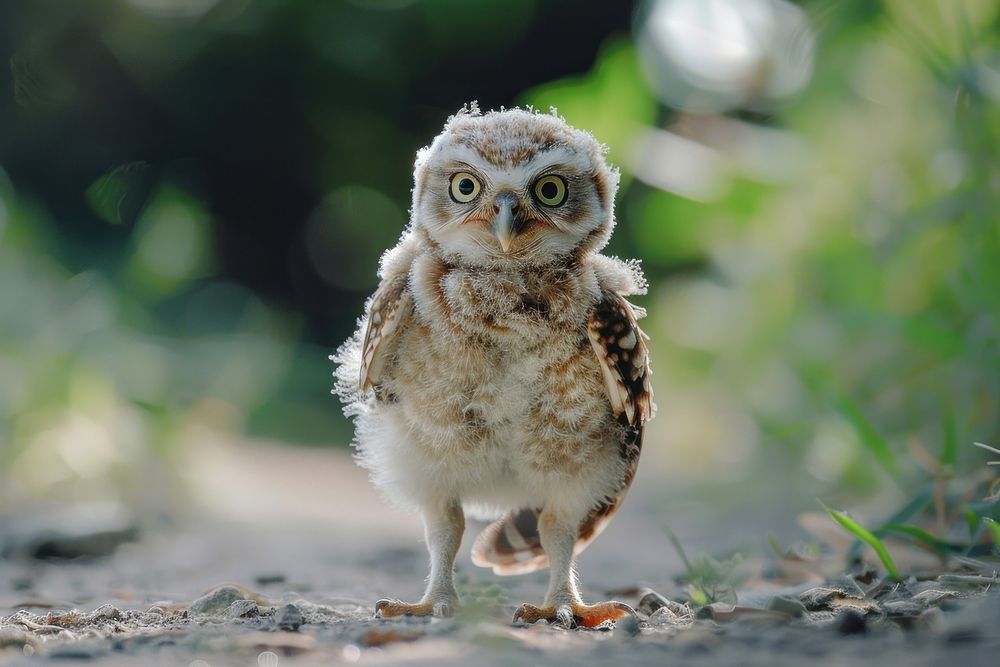 Adorable fluffy baby owl outdoors