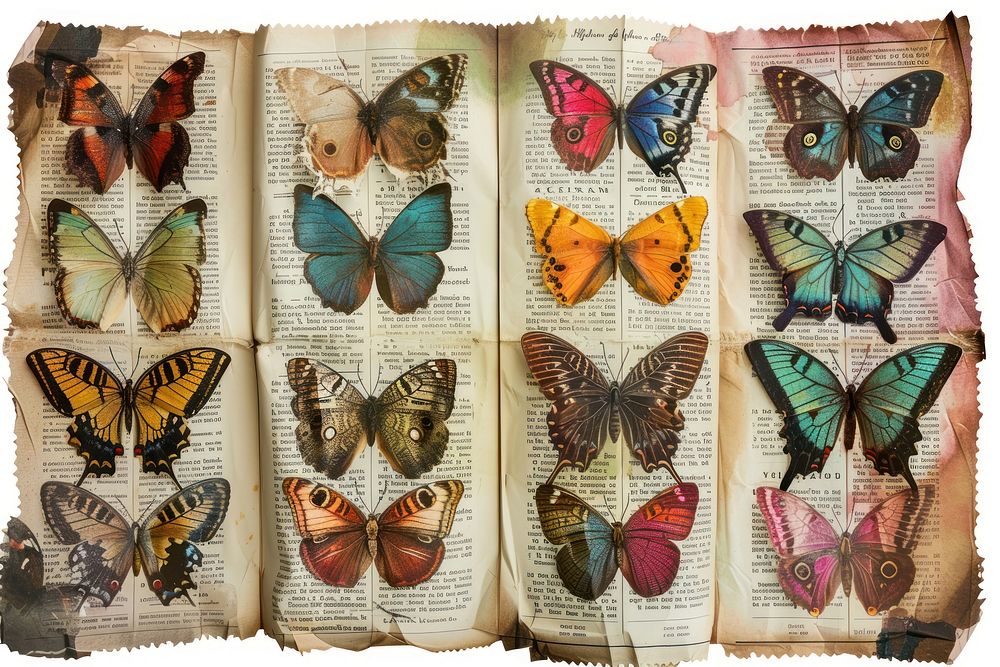 Colorful butterflies on vintage pages