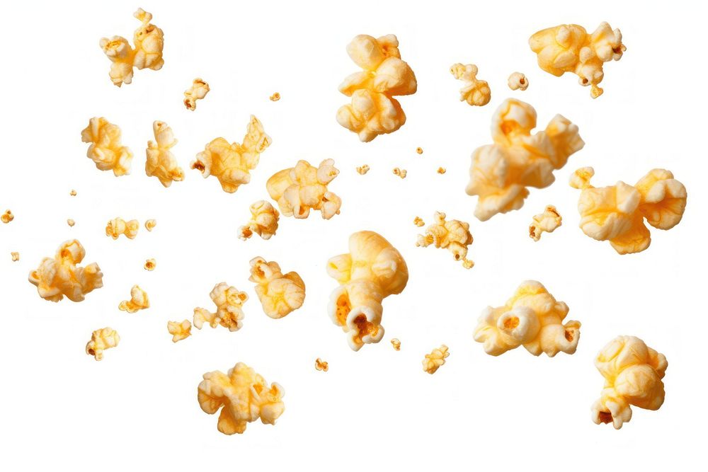 Buttery popcorn kernels floating midair