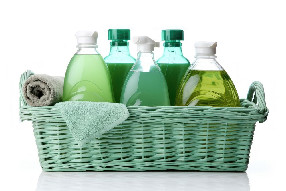 Green cleaning products in basket