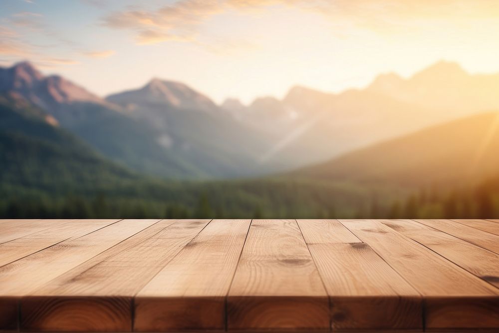 Rustic wooden table mountain sunrise