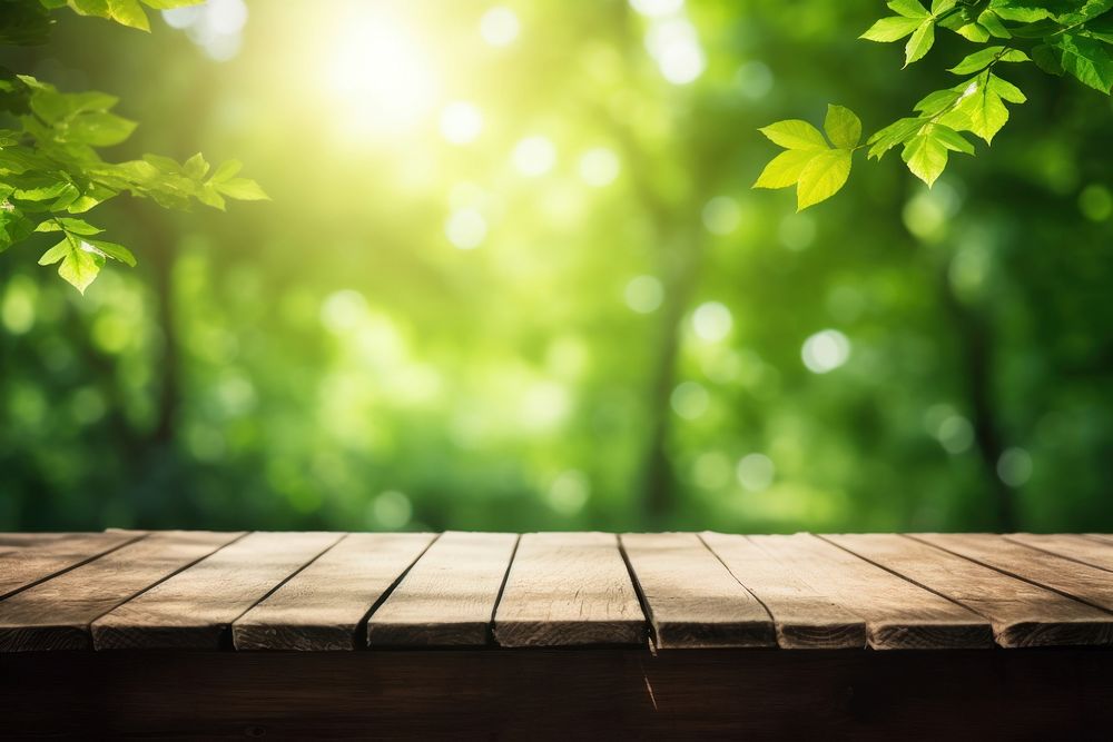 Natural wooden table forest background