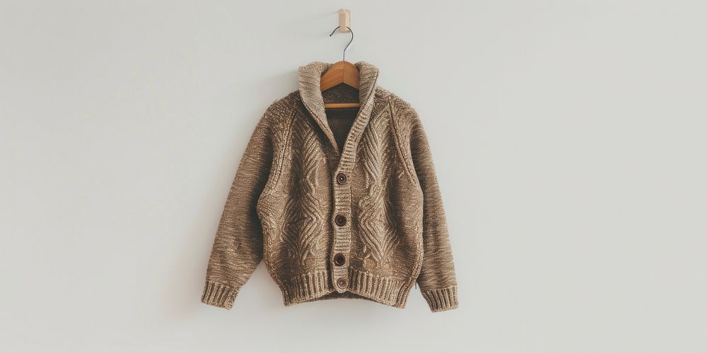 Cozy knitted brown cardigan hanging