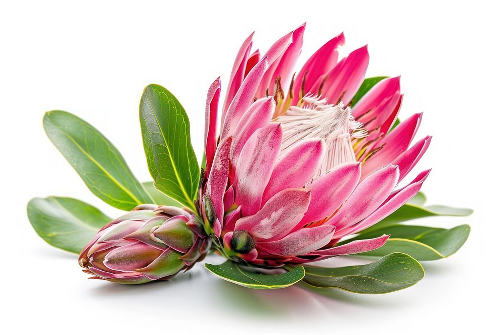 Vibrant protea flower with leaves