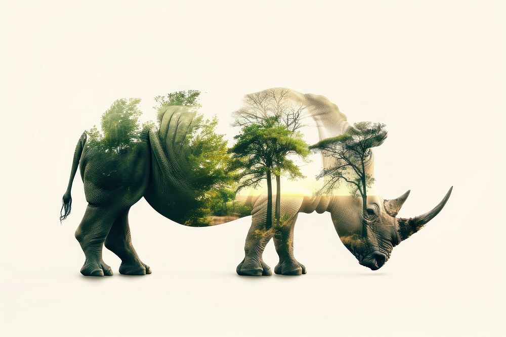 Rhino silhouette with nature overlay