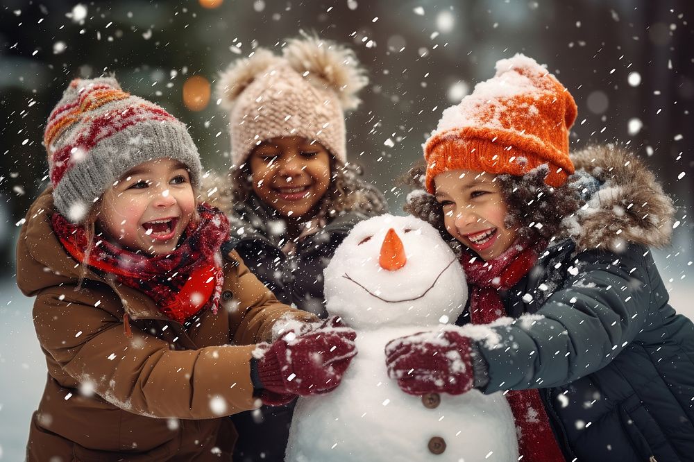 Children building snowman together joyfully