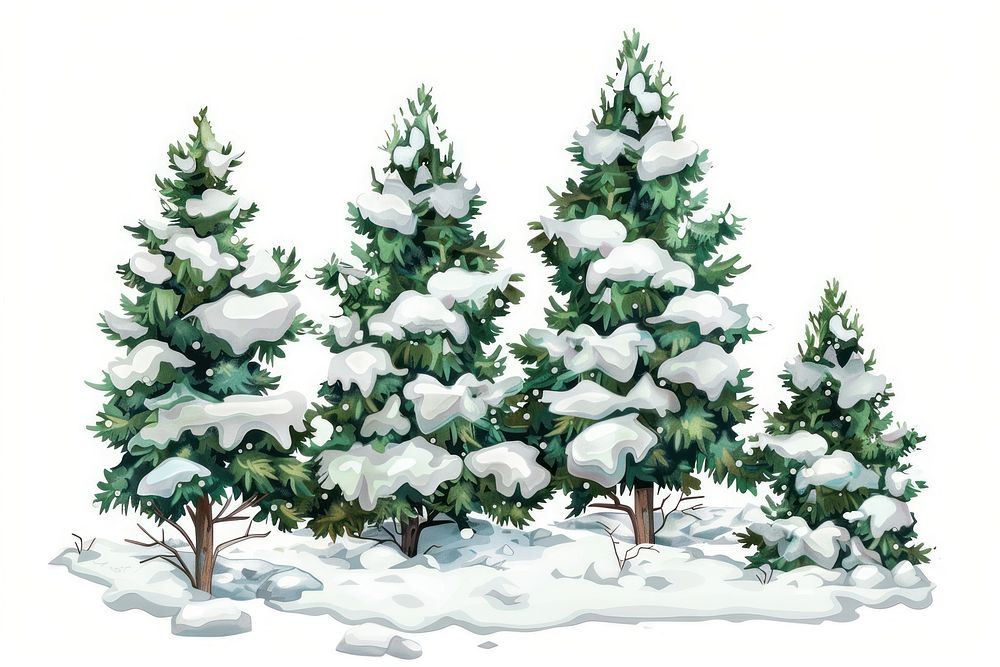 Snow-covered evergreen trees illustration