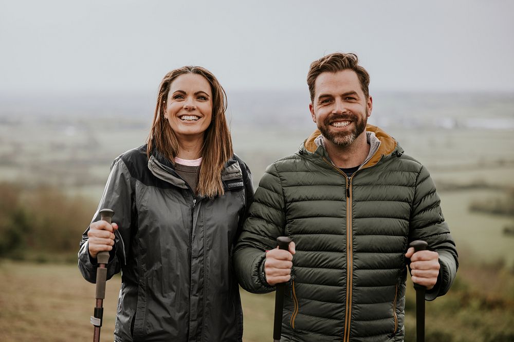 Puffer jacket mockup, hiking outfits psd