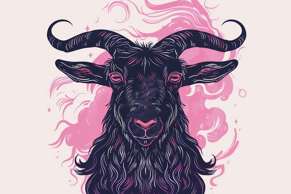 Intricate goat illustration with pink accents