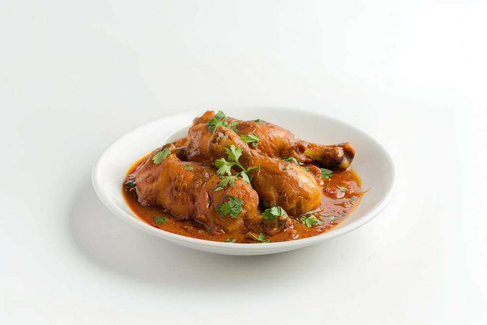 Spicy chicken curry dish garnished.