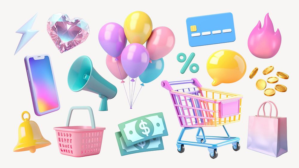 3d pastel shopping design element set