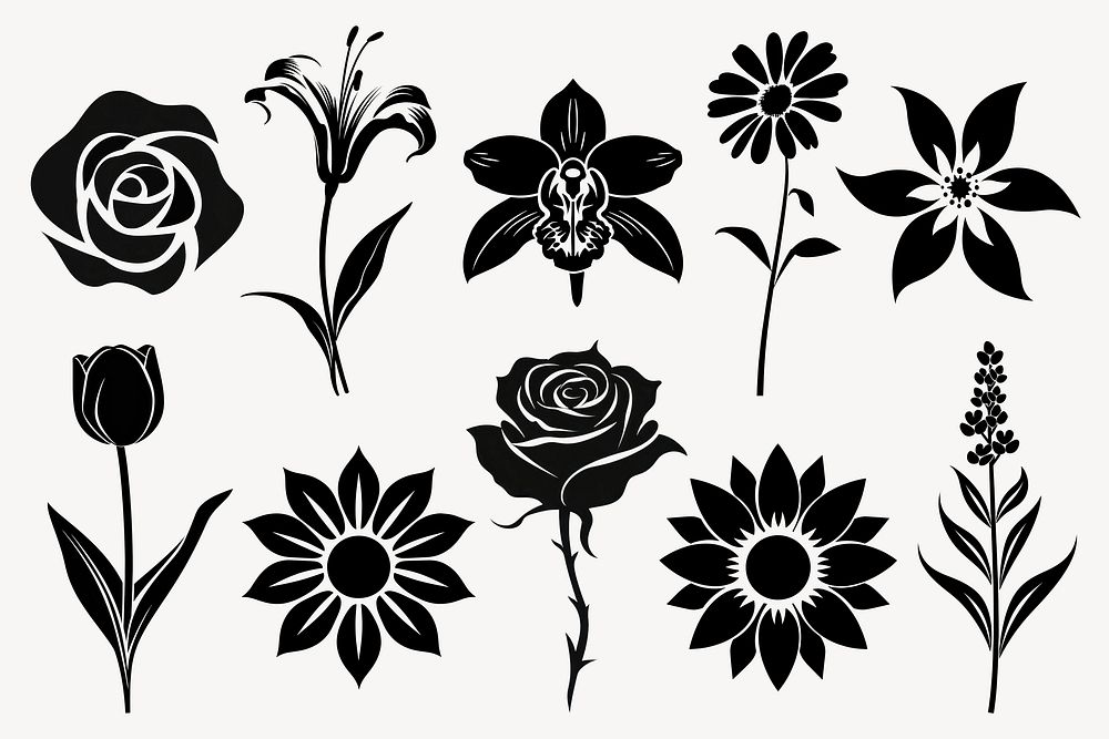 Black outline flower design element set