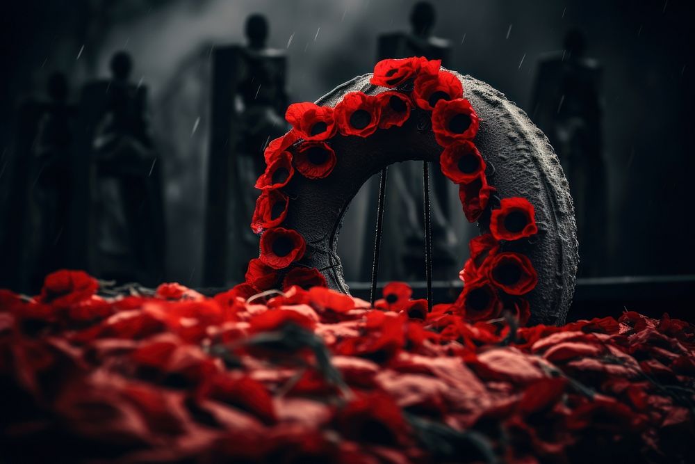 Somber memorial with red poppies