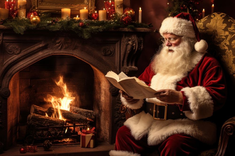 Santa reading by fireplace