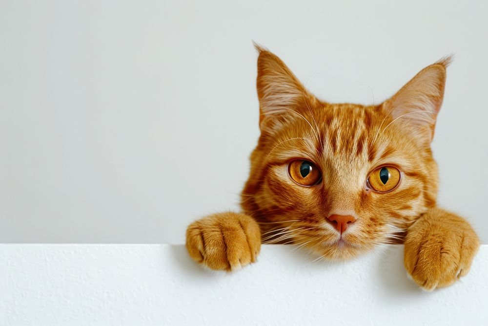 Curious orange cat peeking over