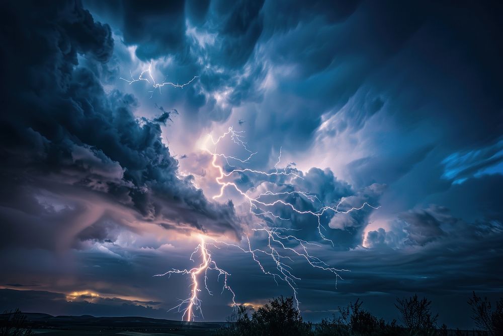 Dramatic storm lightning night sky