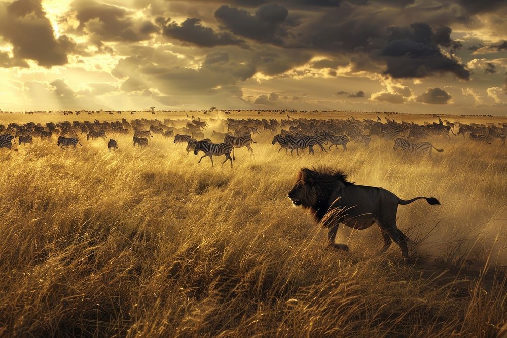 Lion chasing zebras at sunset