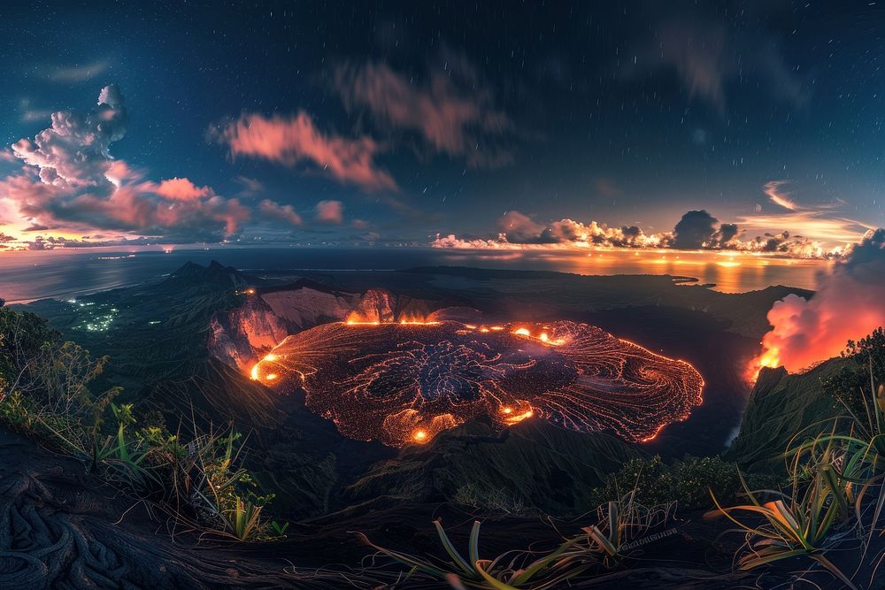 Stunning volcanic eruption nightscape