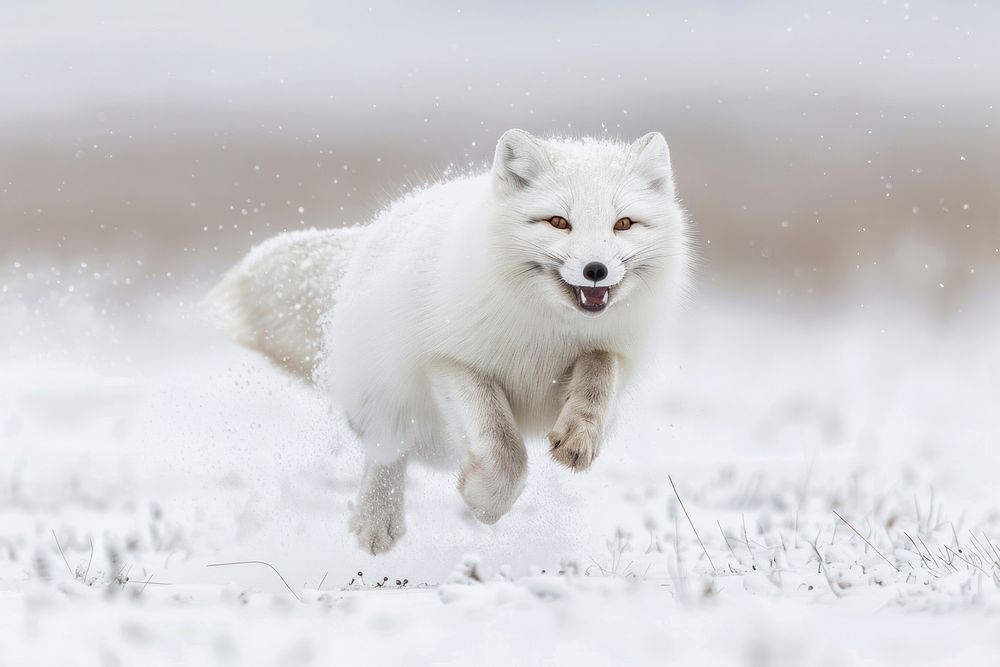 Arctic fox running through snow