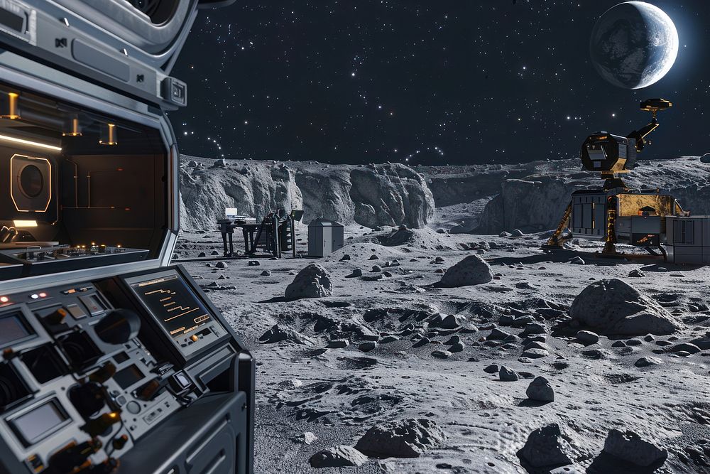 Futuristic lunar base exploration scene