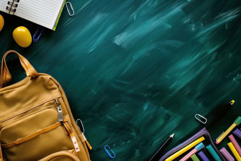 School supplies on green chalkboard