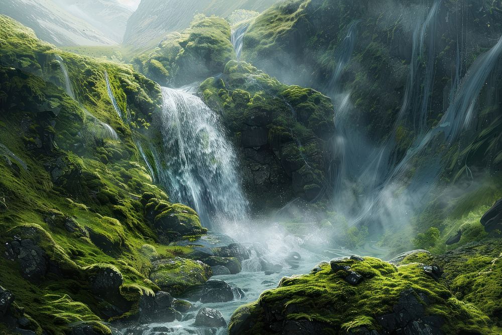 Serene lush green waterfall