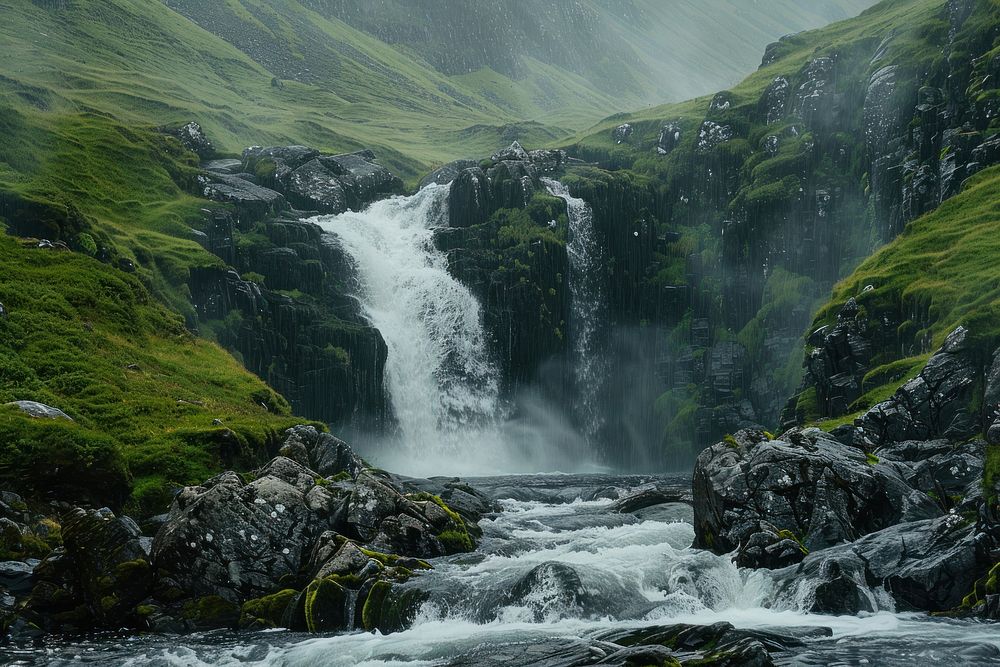 Serene waterfall amidst lush greenery