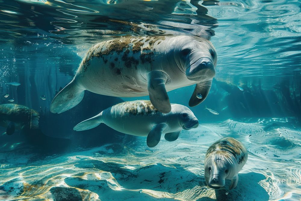 Graceful manatees swimming underwater