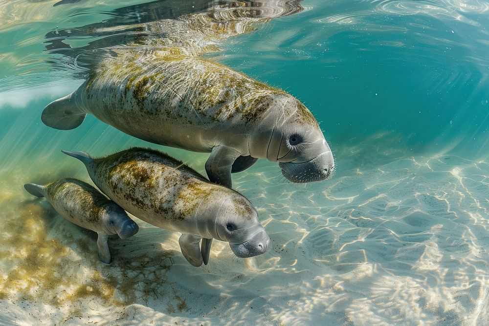 Manatees swimming in clear water