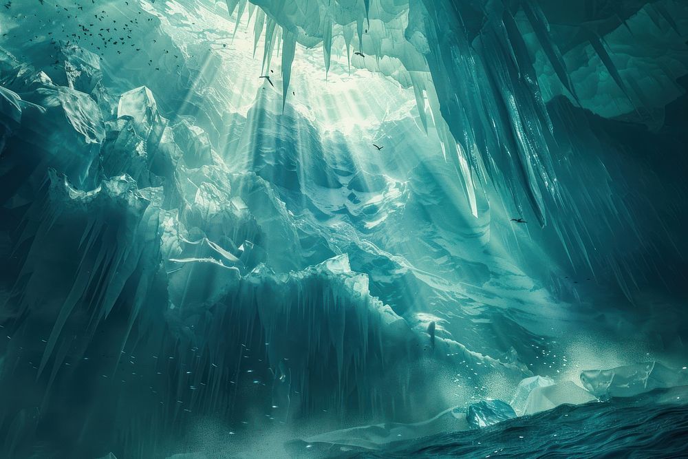 Mystical icy cavern underwater adventure