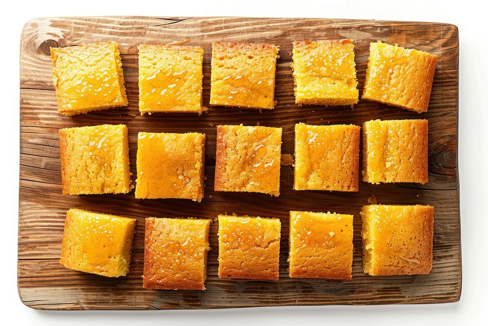 Golden cornbread squares on board