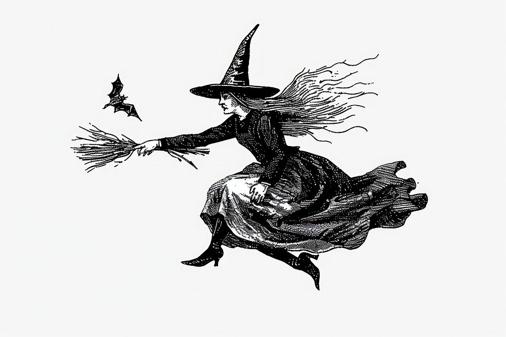 Vintage witch flying broomstick illustration