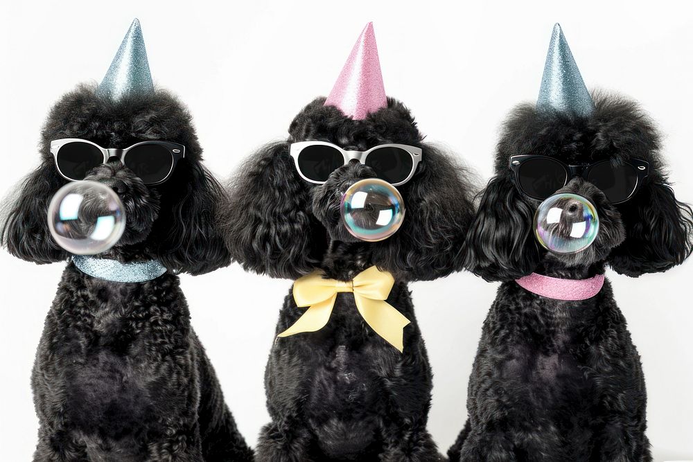 Stylish poodles blowing bubbles