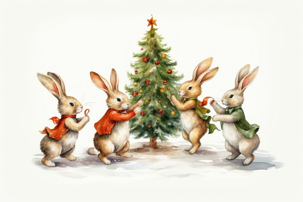 Rabbits decorating Christmas tree