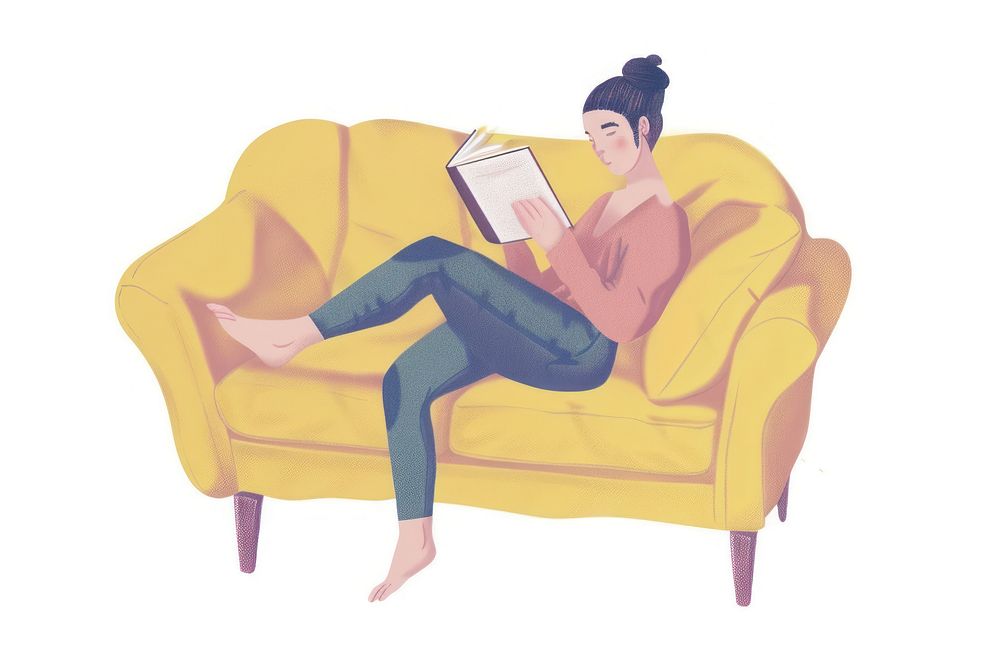 Woman reading on yellow sofa