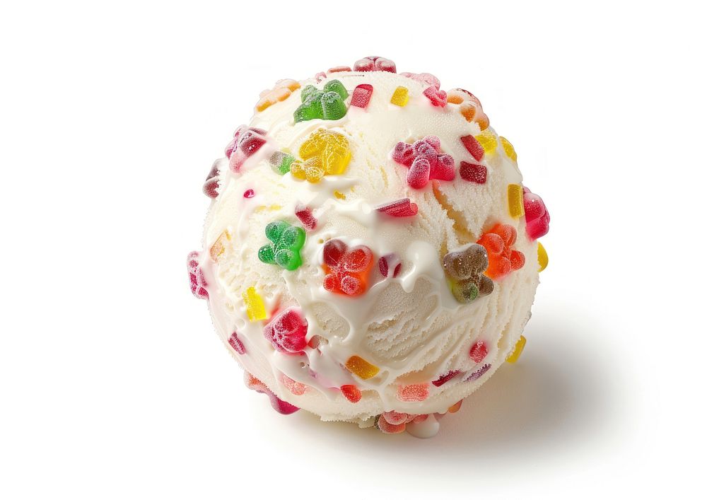 Colorful candy-topped vanilla ice cream