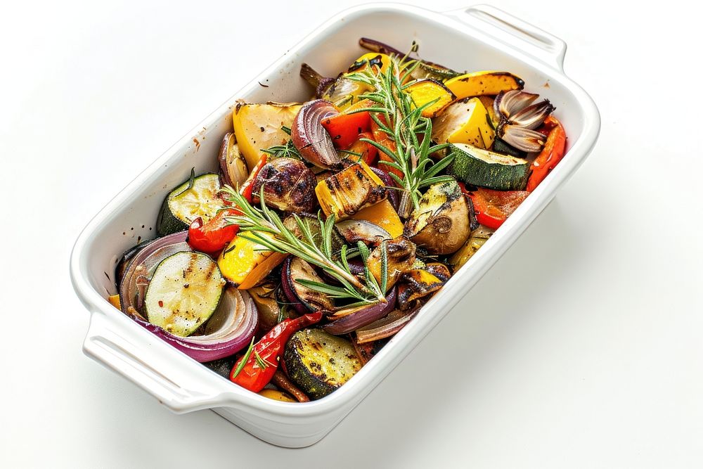 A dish of roasted vegetables food produce lunch.