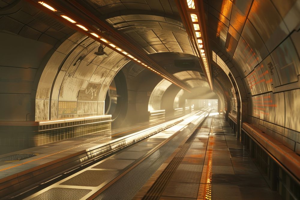 Futuristic underground train station tunnel