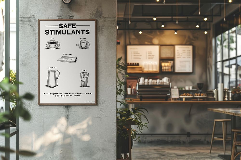 Modern cafe with stimulant poster