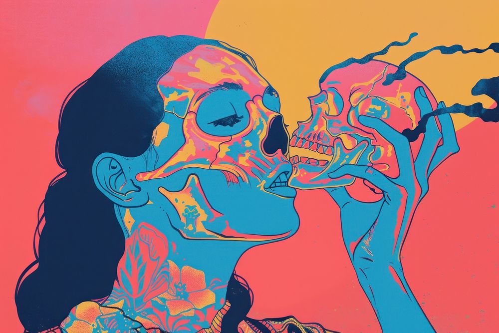 Surreal vibrant skull kiss illustration