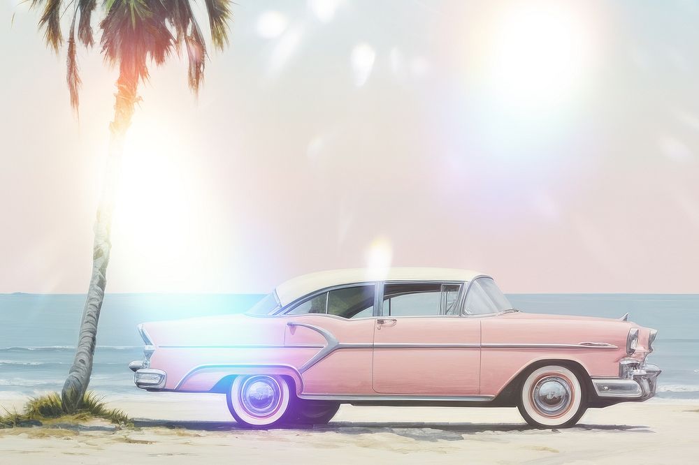 Vintage car beach sunset palm | Free Photo - rawpixel