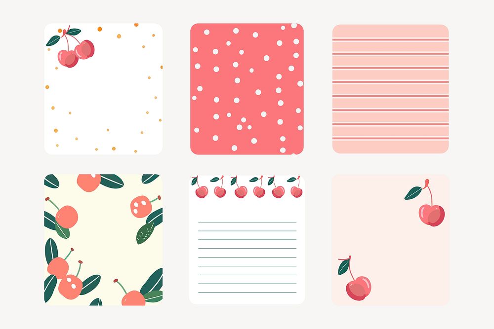 Cute cherry sticky notes illustration vector set