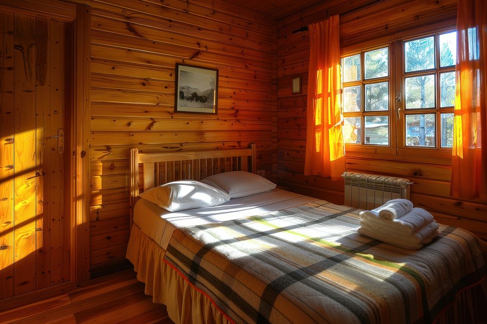 Cozy wooden cabin bedroom retreat