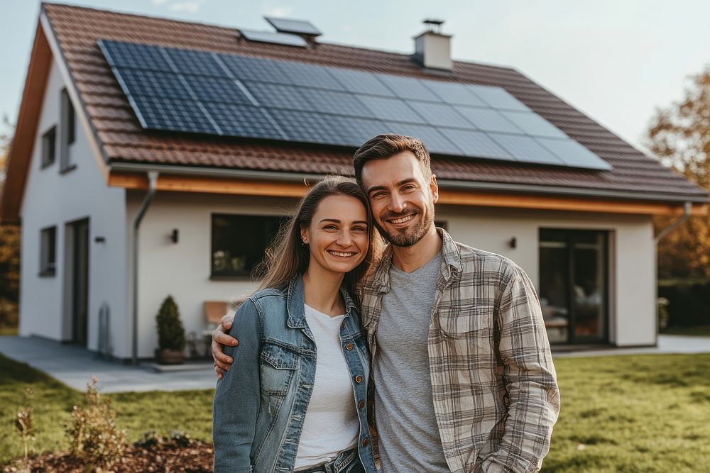 Happy couple outside eco-friendly home