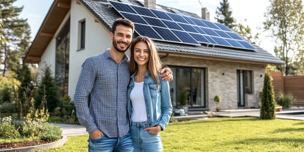 Happy couple outside eco-friendly home