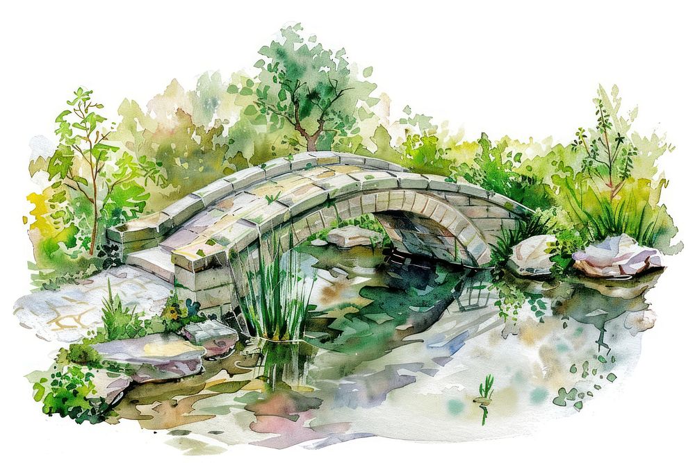 Serene watercolor garden bridge illustration