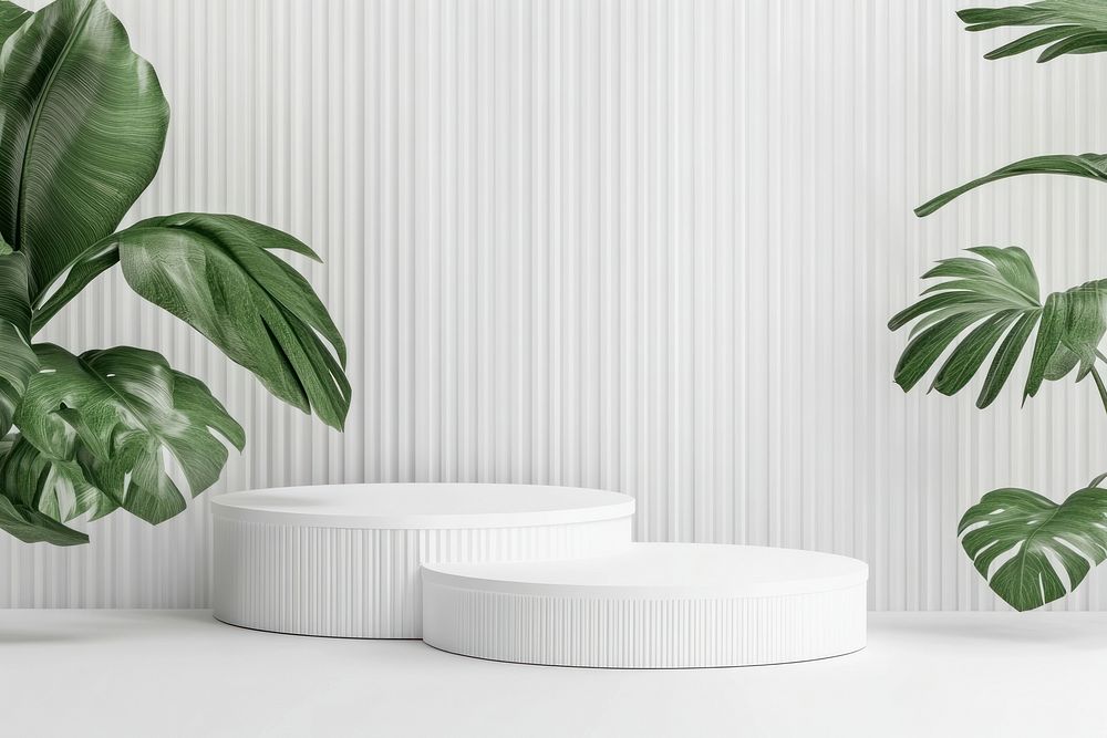 White three cylinder podiums indoors plants design.