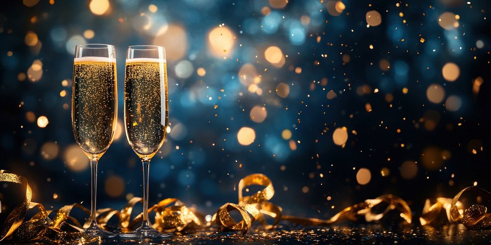 Two glasses of champagne with confetti background lights bokeh.